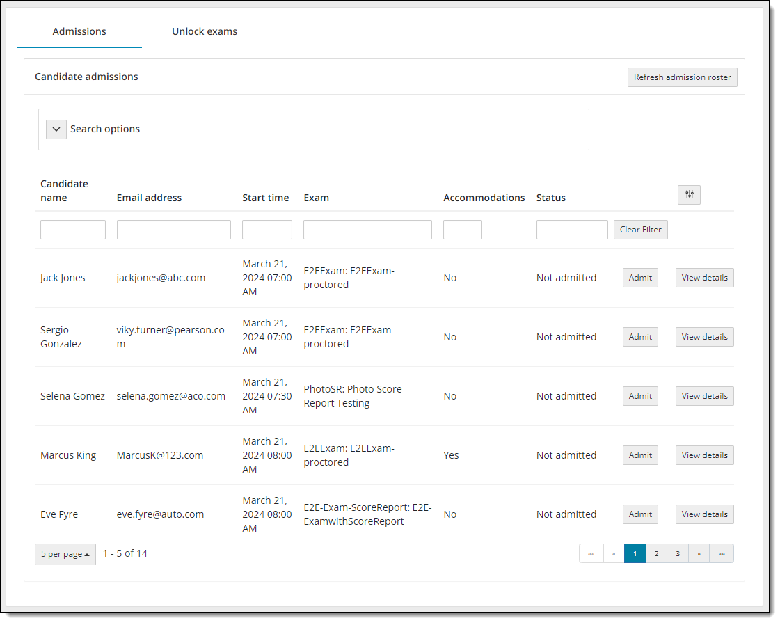 Candidate admissions roster with the default sort listing exam registrations by exam start time.